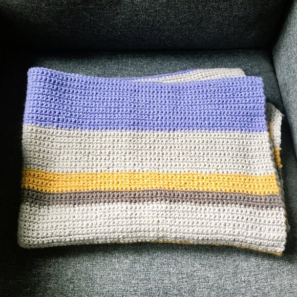 Hand Crocheted Rectangular Gray Tan Lilac Yellow Striped Lap Blanket Throw - Picture 2 of 14